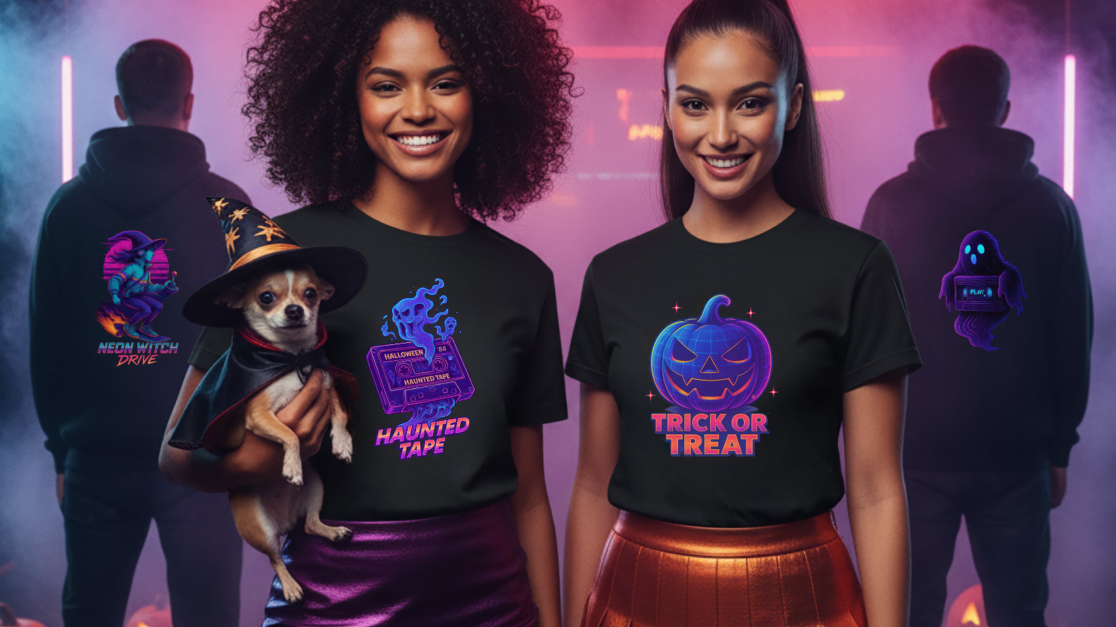 Models wearing Halloween Collection tees and hoodies with neon pumpkin and haunted tape designs in a moody night setting