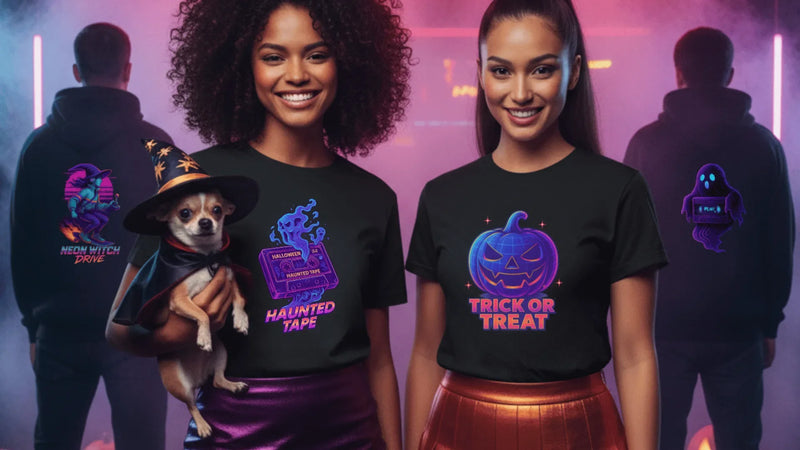 Models wearing Halloween Collection tees and hoodies with neon pumpkin and haunted tape designs in a moody night setting