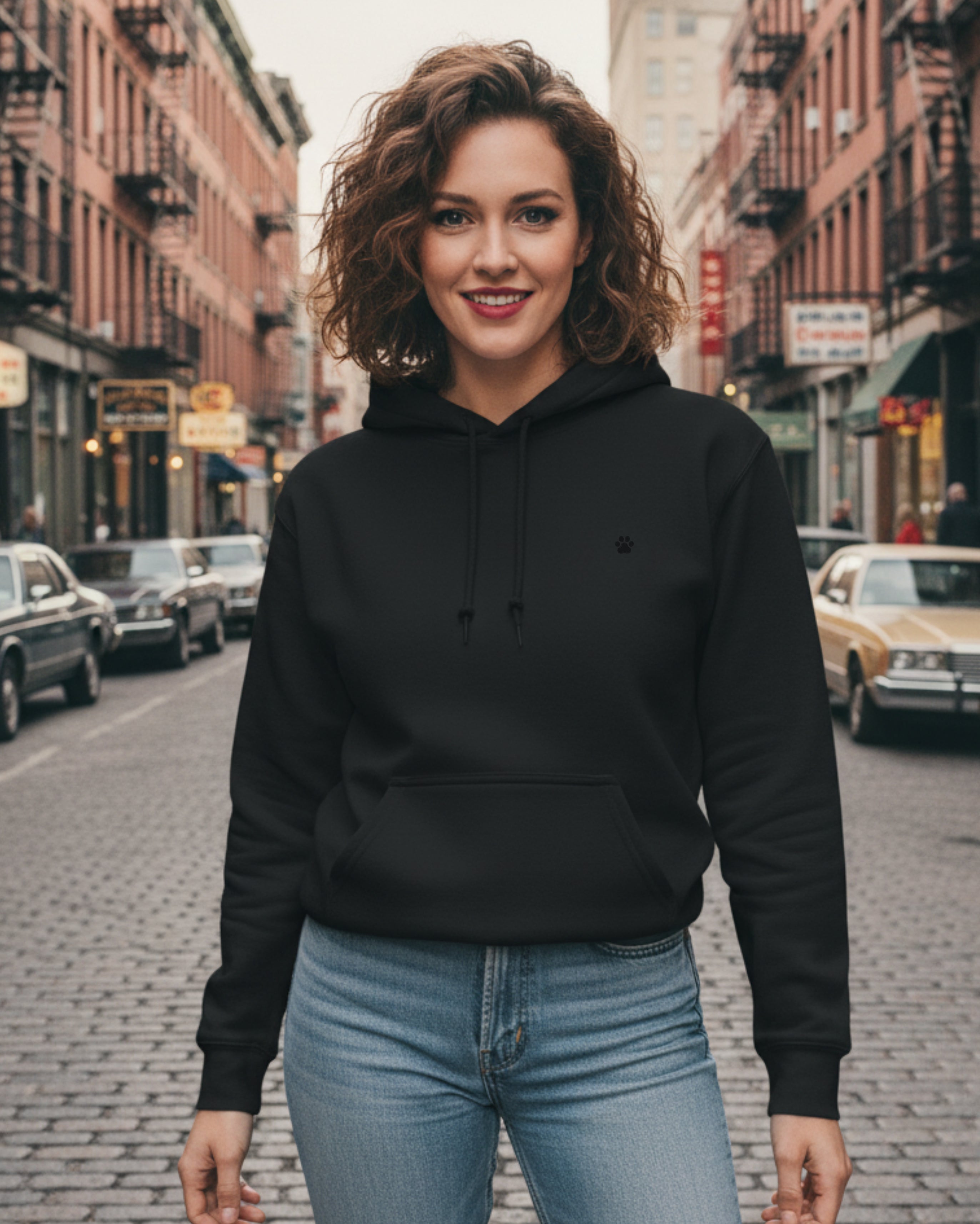 Black PAW Hoodie, female model view