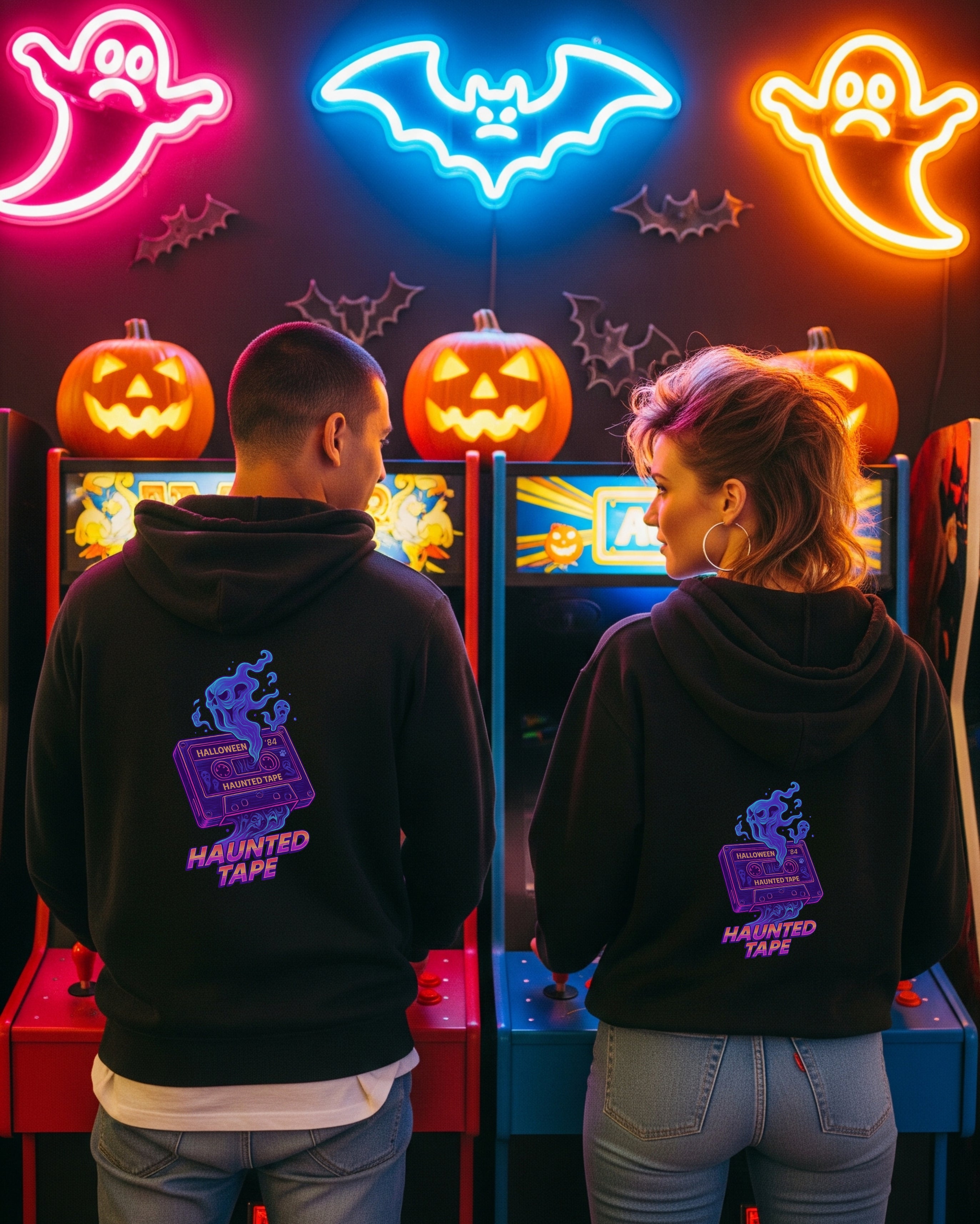 Halloween Mix 80's Hoodie, female and male models view