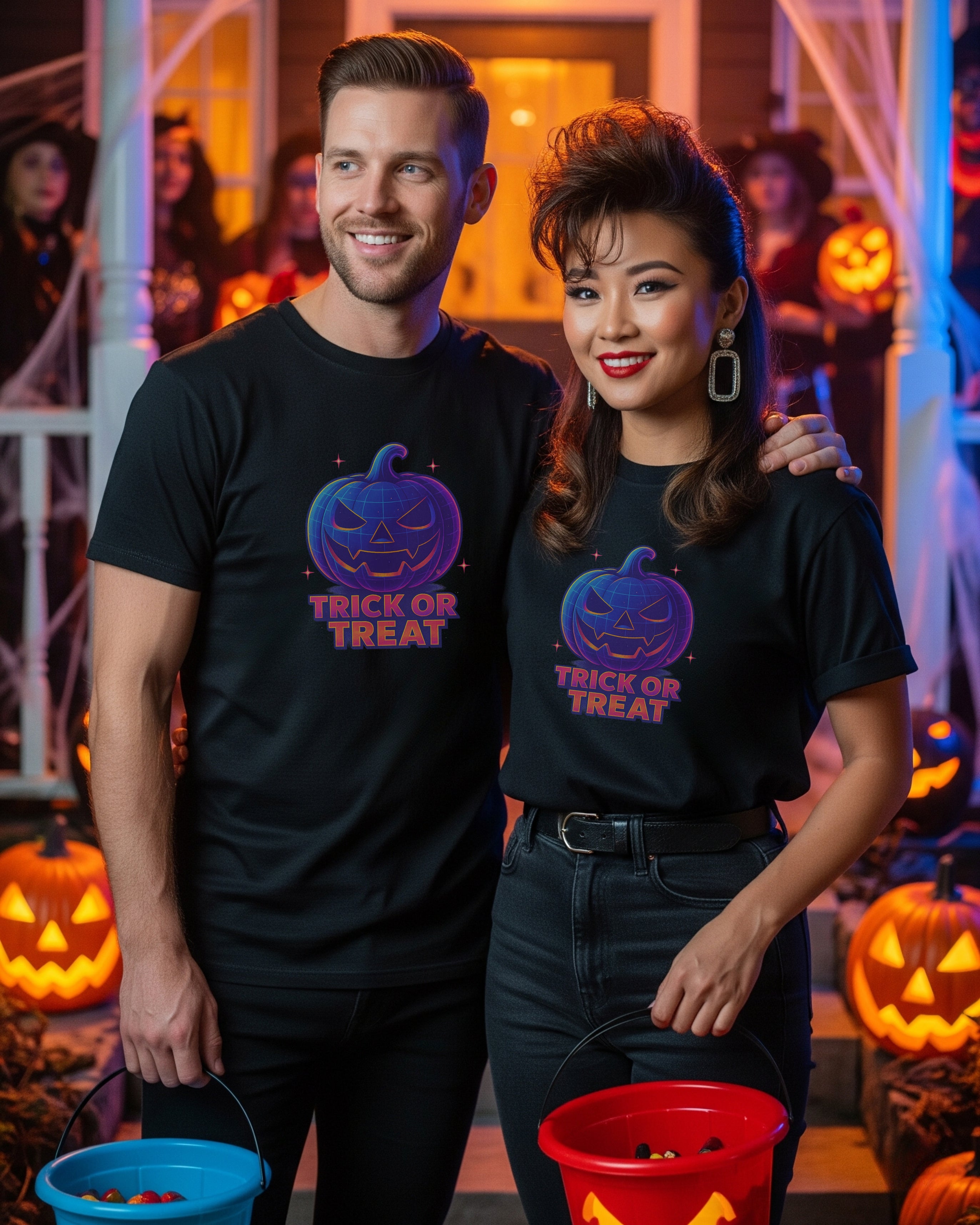 Halloween Pumpkin Tee, female and male models view