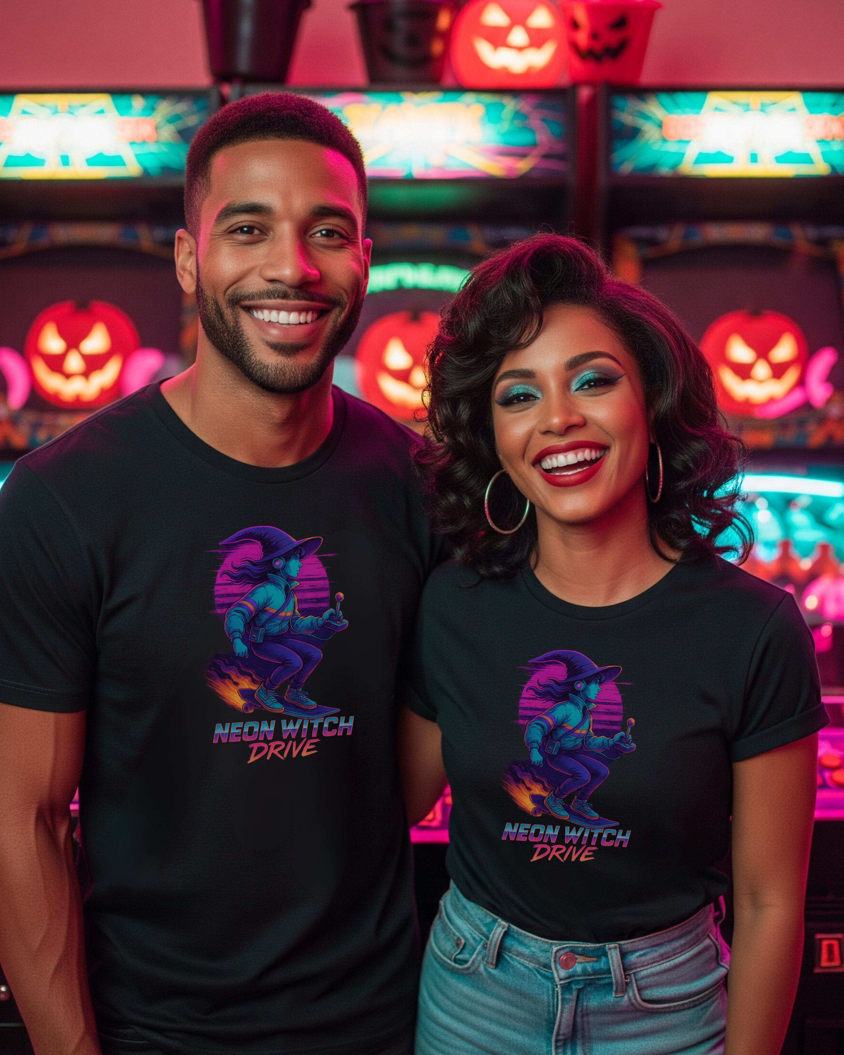 Halloween Witch Drive Tee, female and male models view