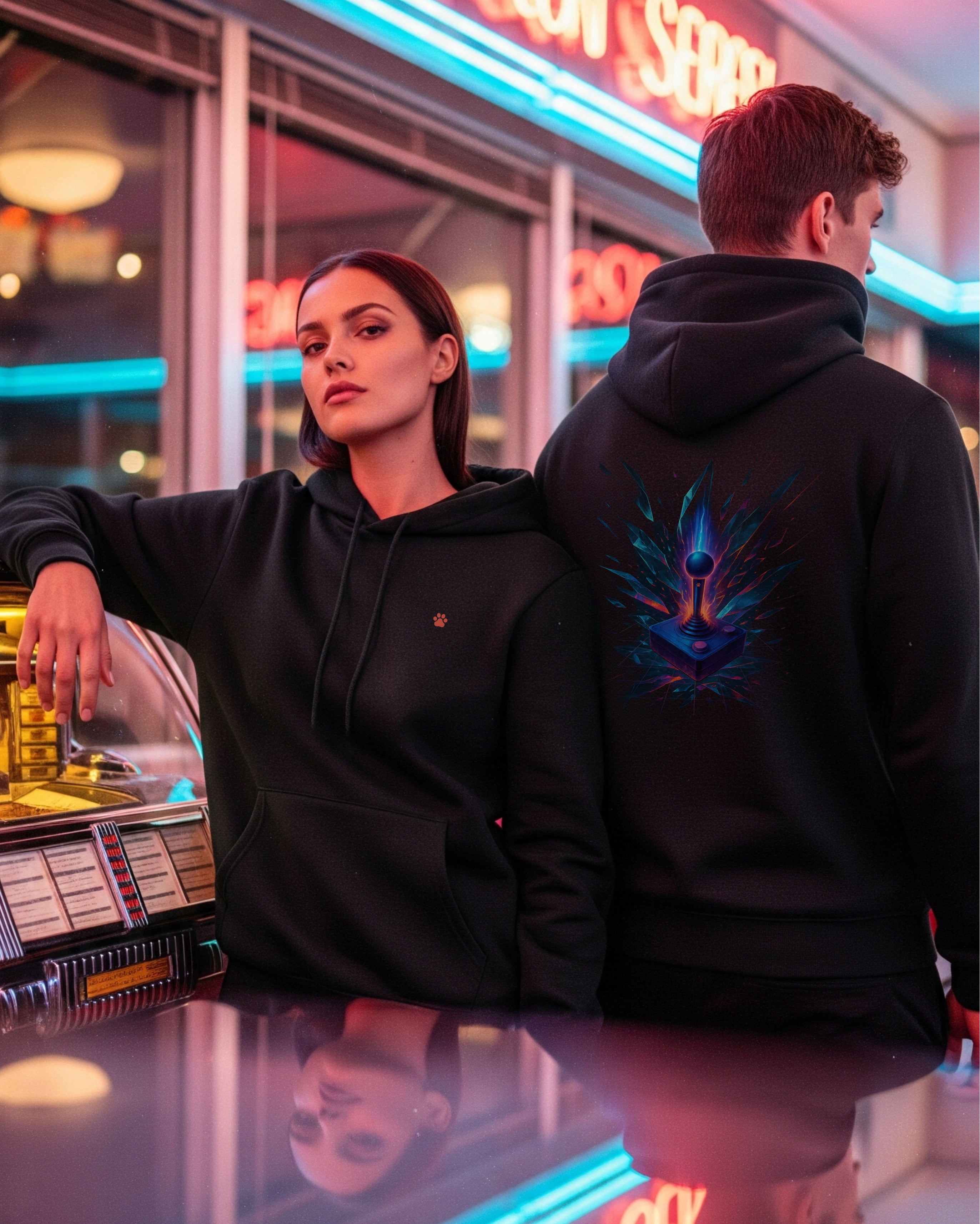 Joystick Hero Hoodie, female and male models view