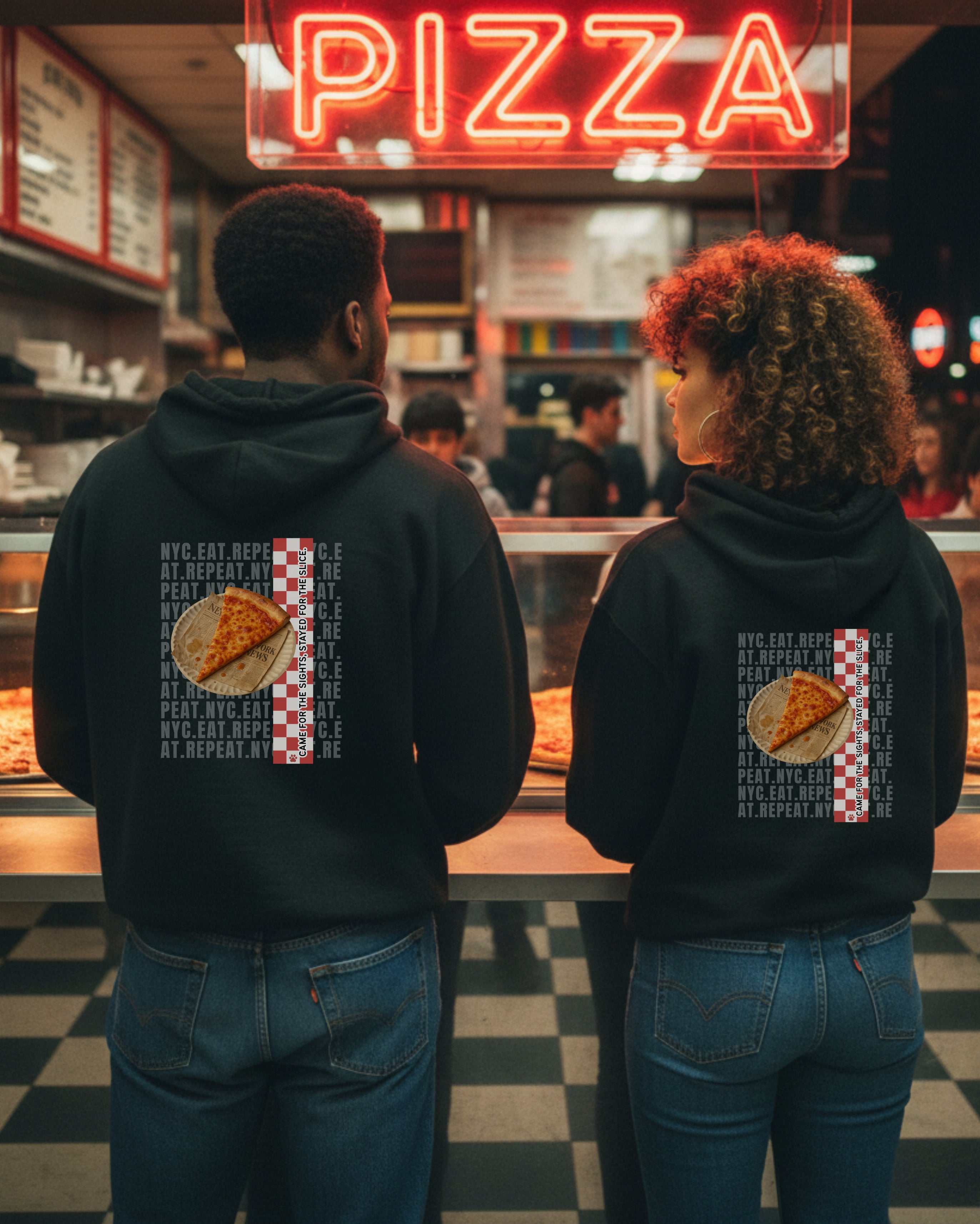 New York City Pizza Slice Hoodie, female and male models view