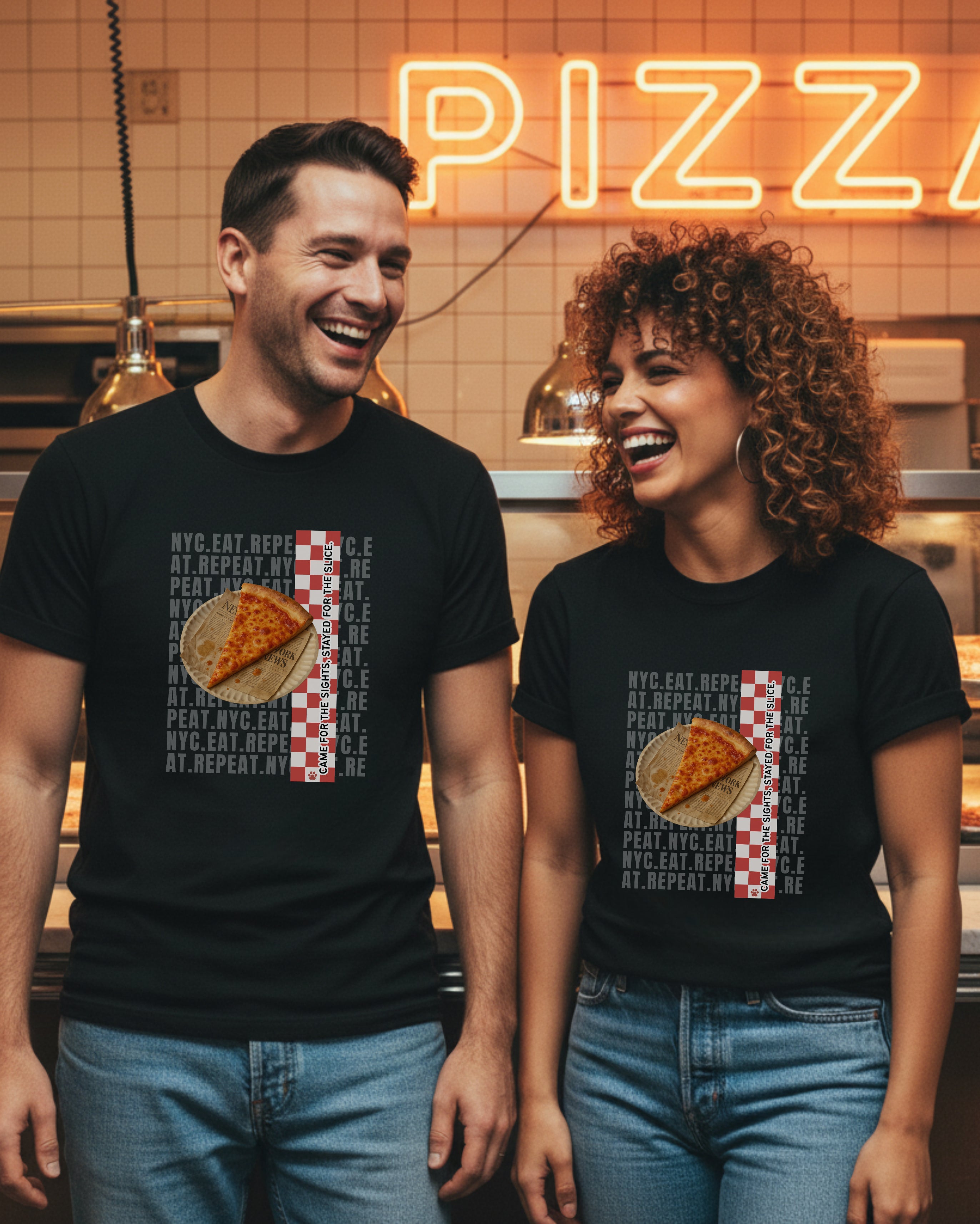 New York City Pizza Slice Tee, female and male models view