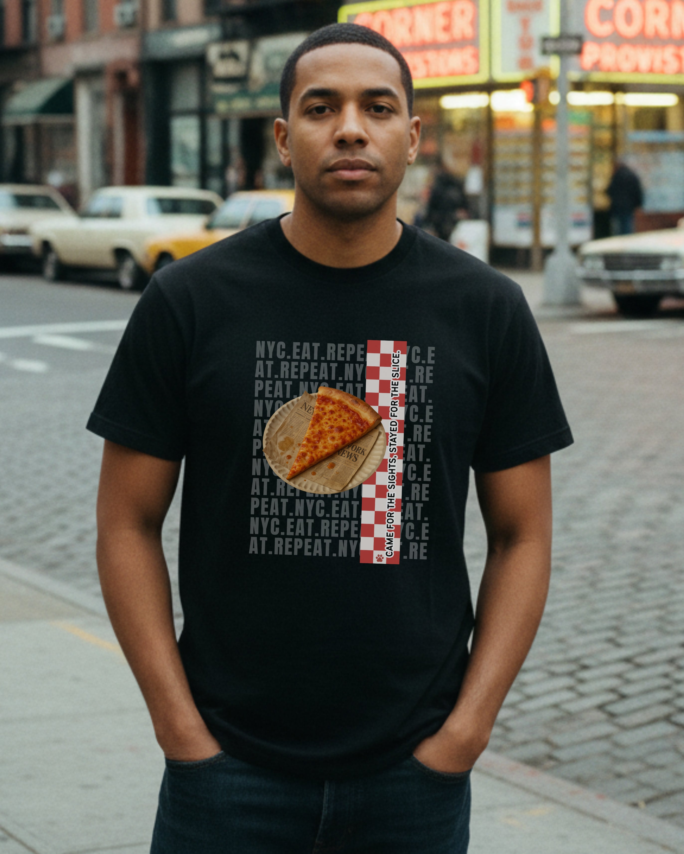 New York City Pizza Slice Tee, male model view