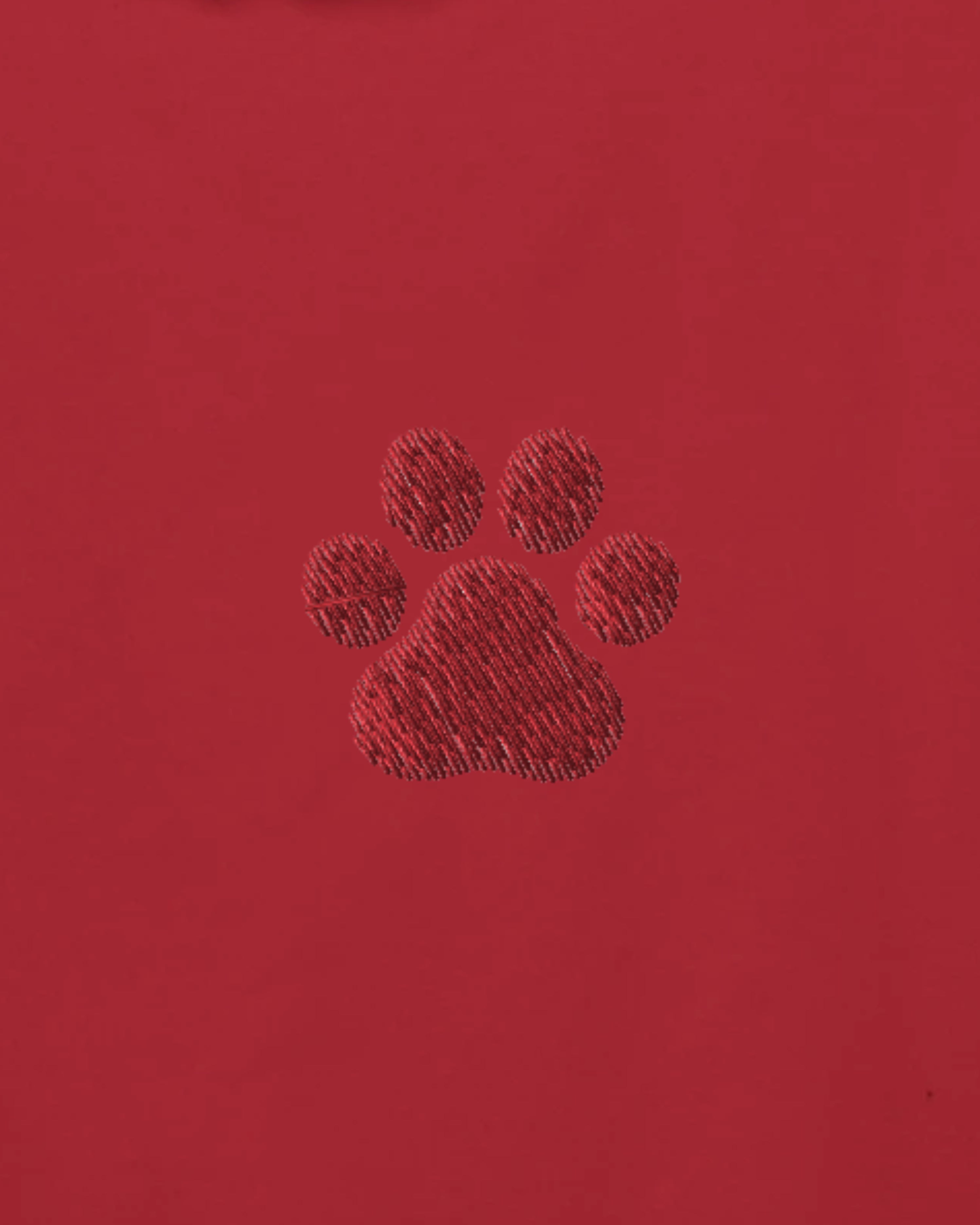 Red PAW Hoodie, embroidery close-up view