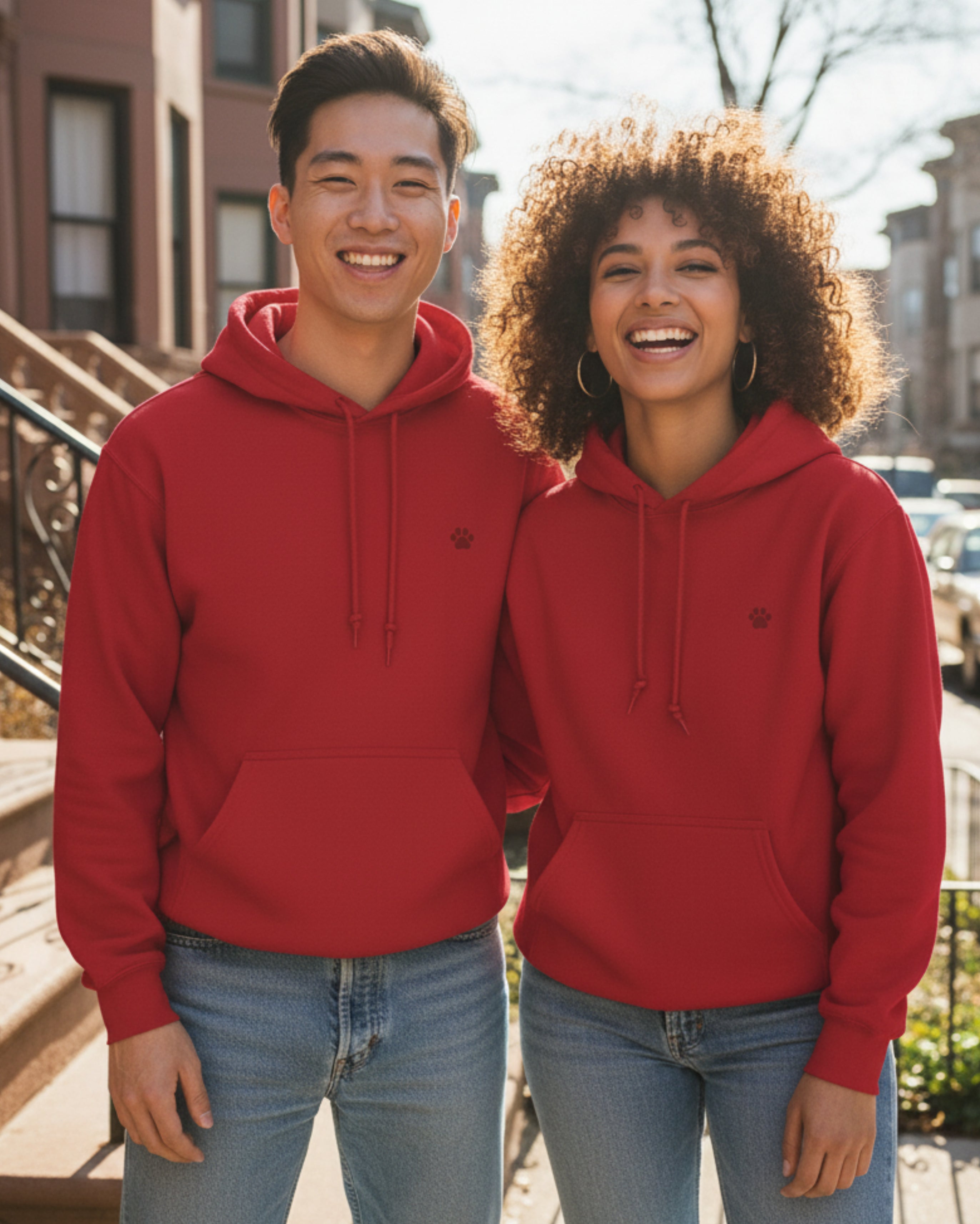 Red PAW Hoodie, female and male models view