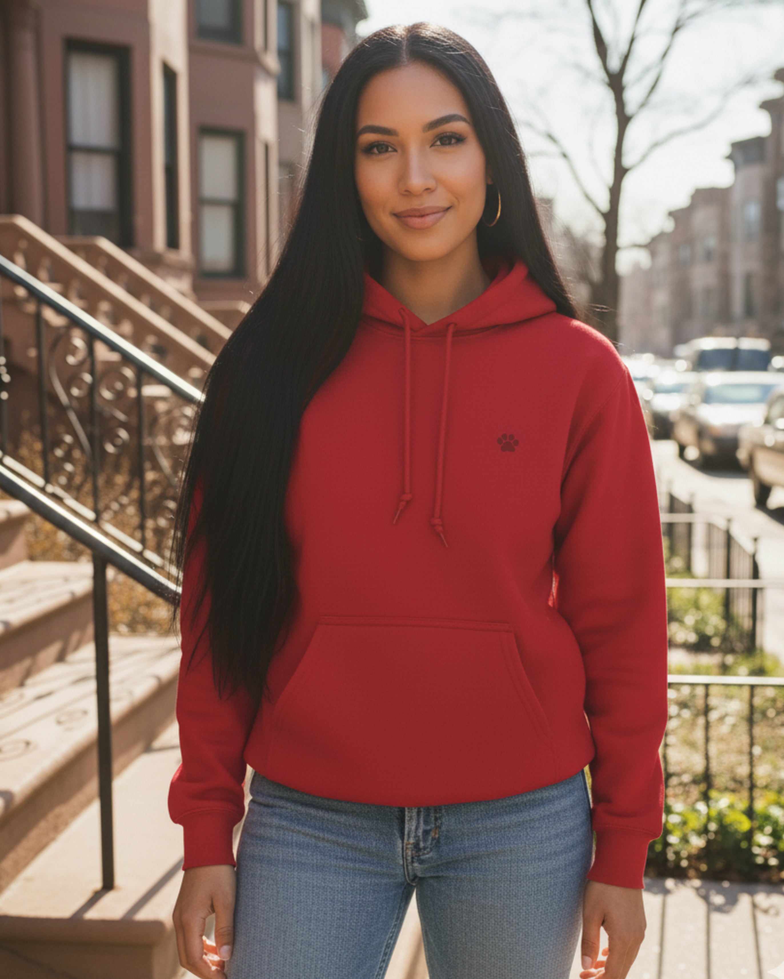 Red PAW Hoodie, female model view