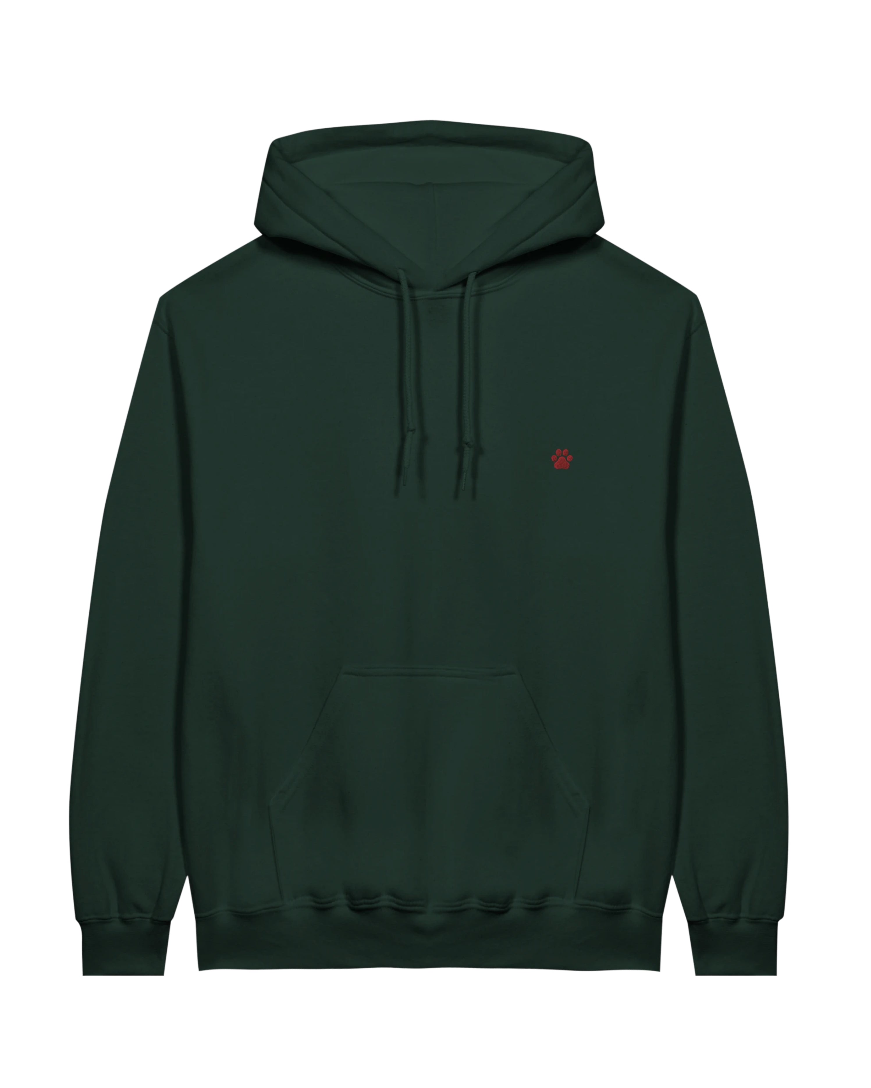 Red PAW Hoodie, forest green front view