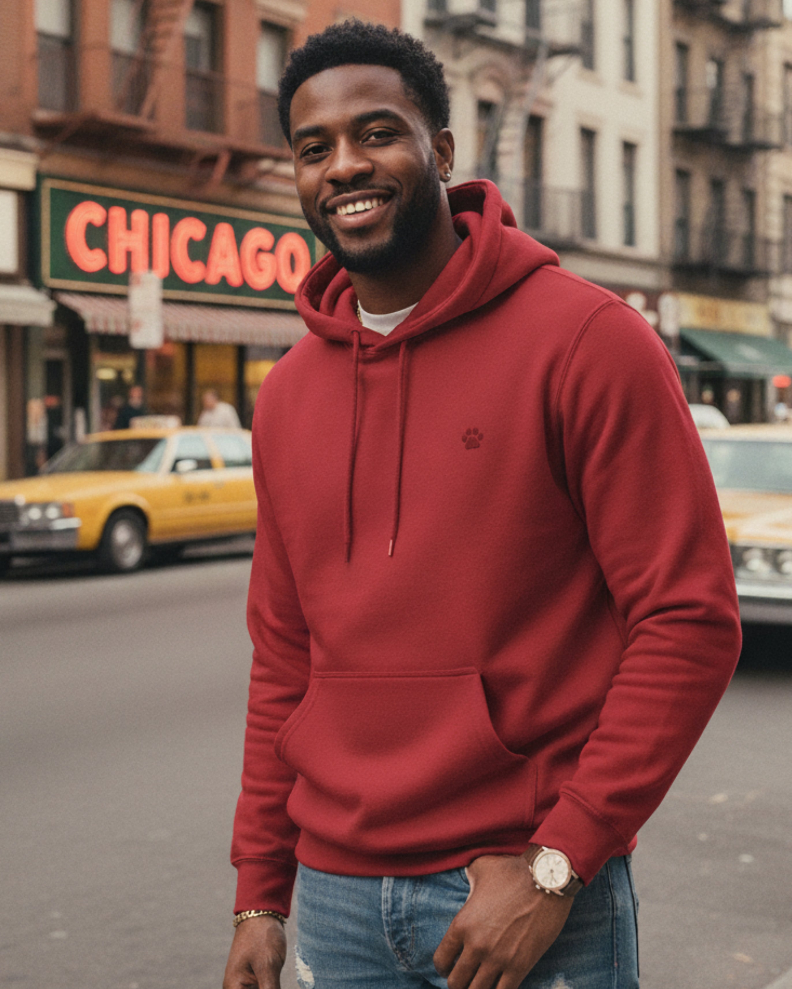 Red PAW Hoodie, male model view
