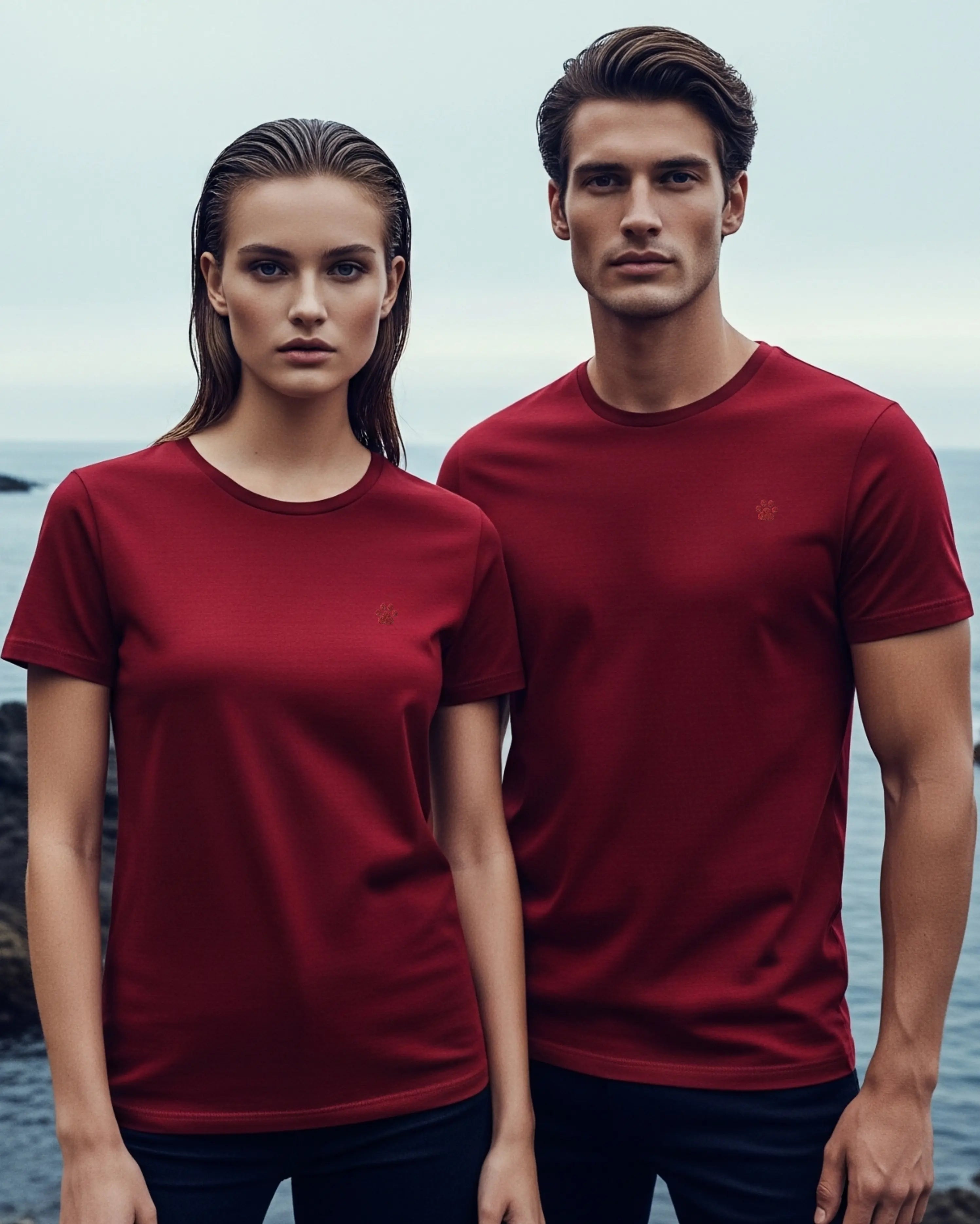 Red PAW Tee, female and male models view