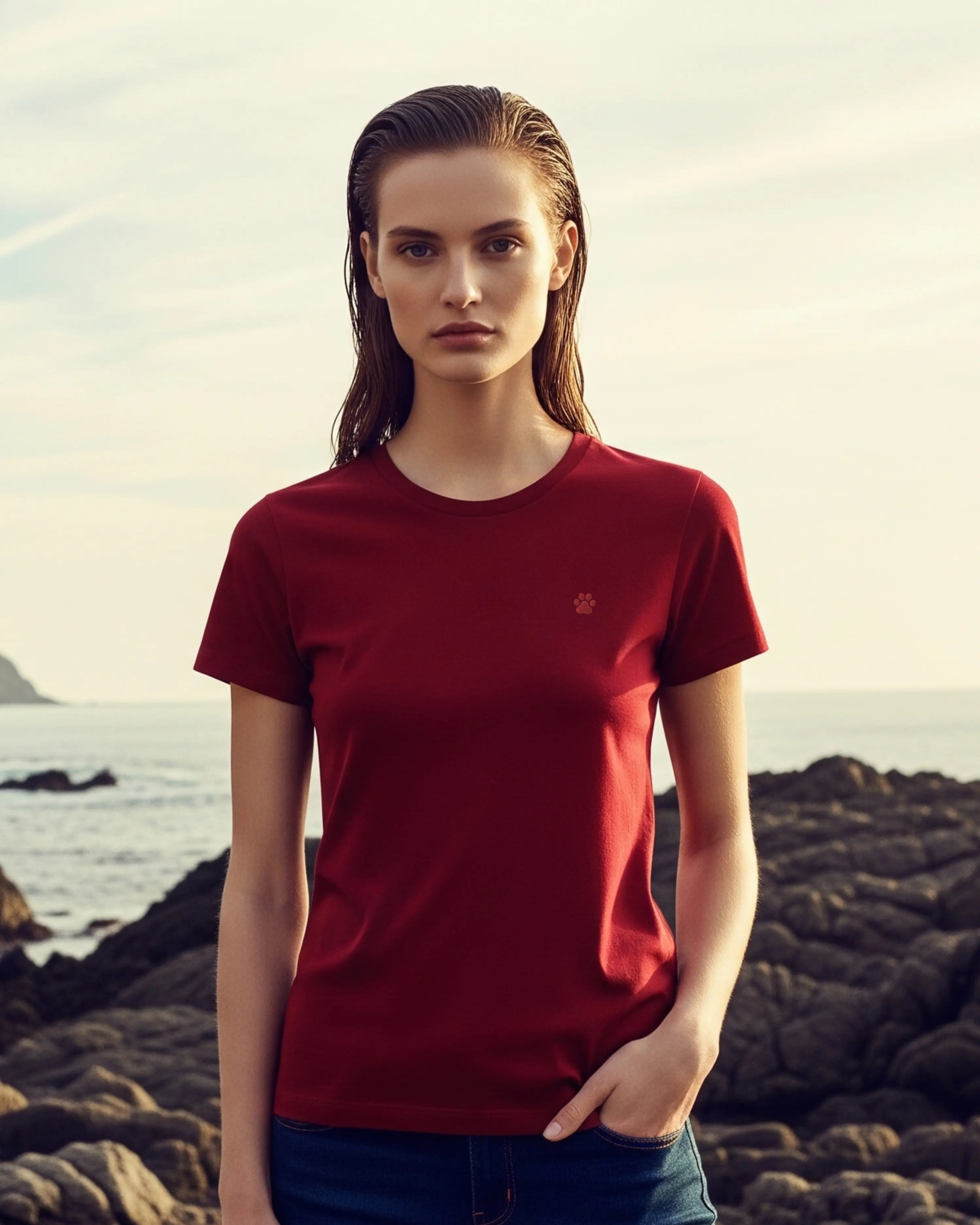 Red PAW Tee, female model view