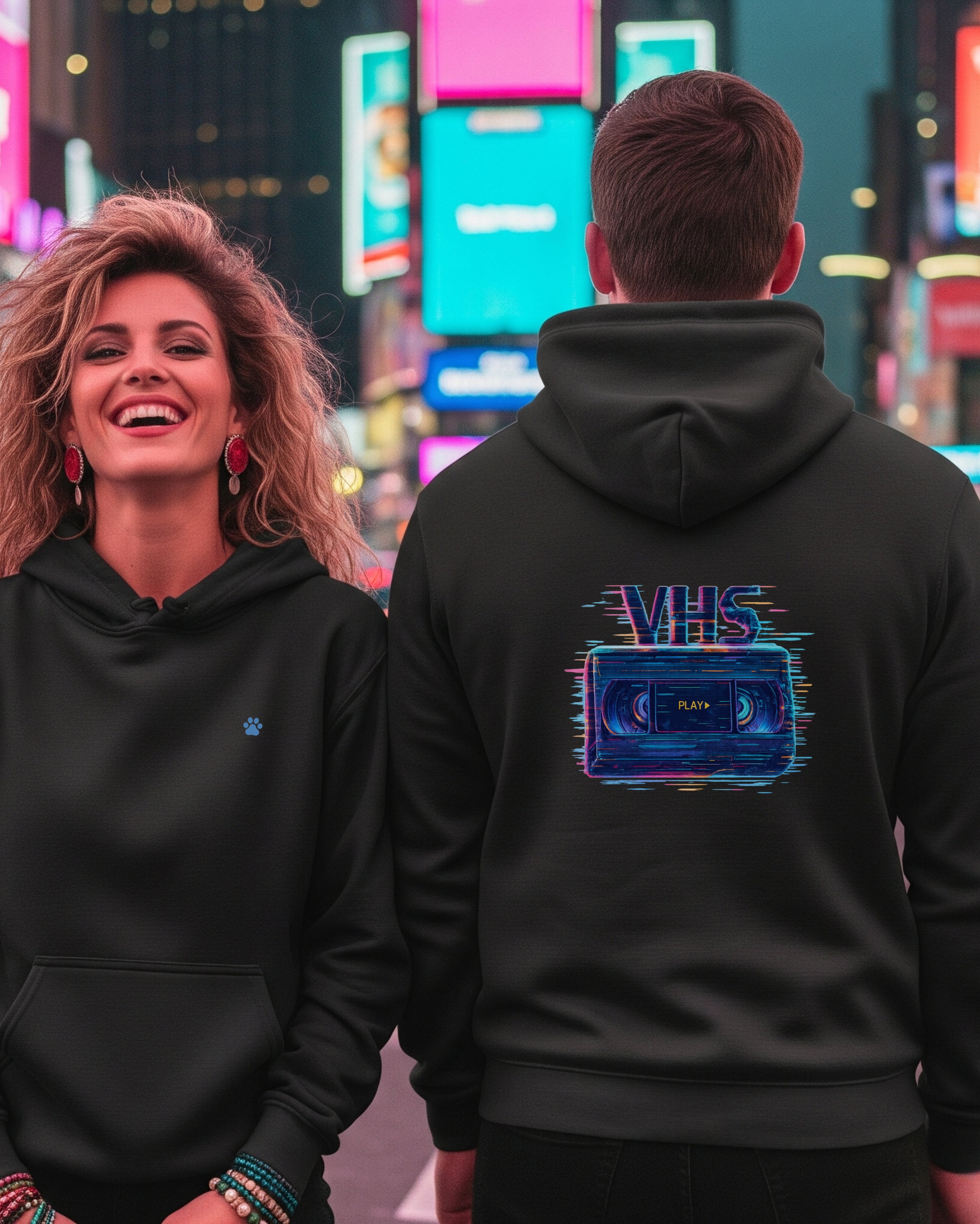 VHS Glitch Hoodie, female and male models view