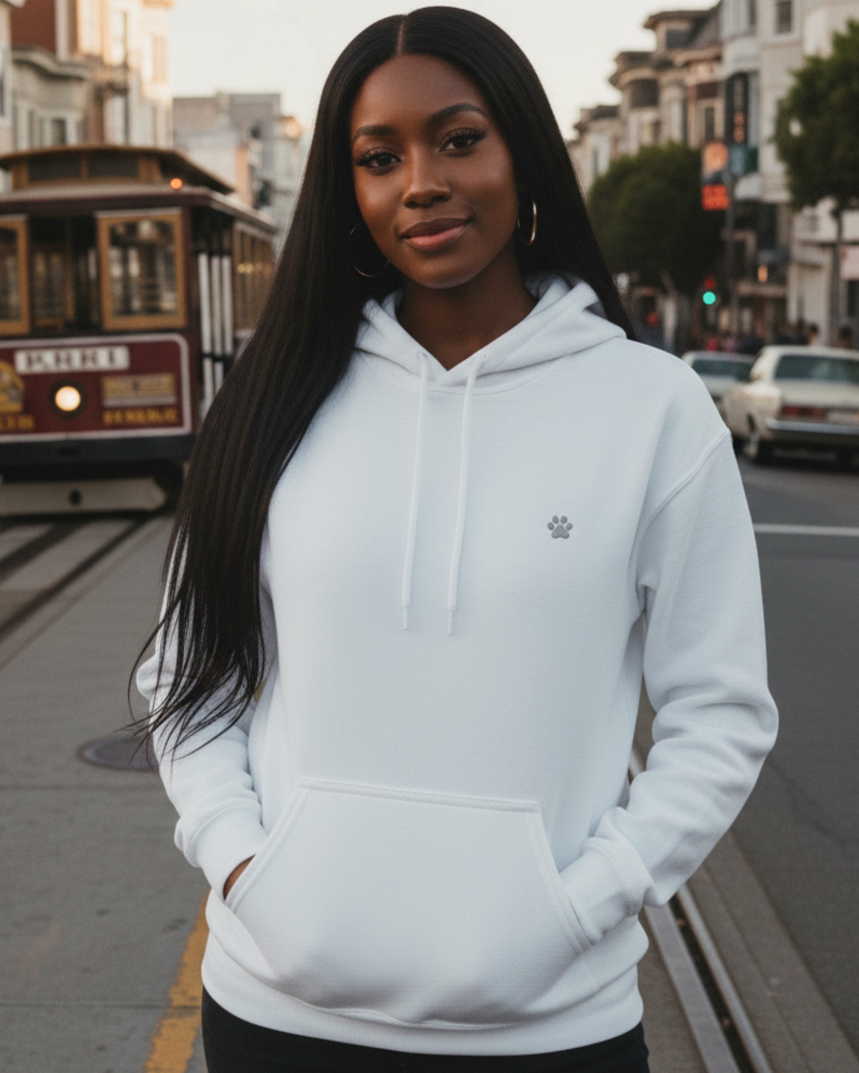 White PAW Hoodie, female model view