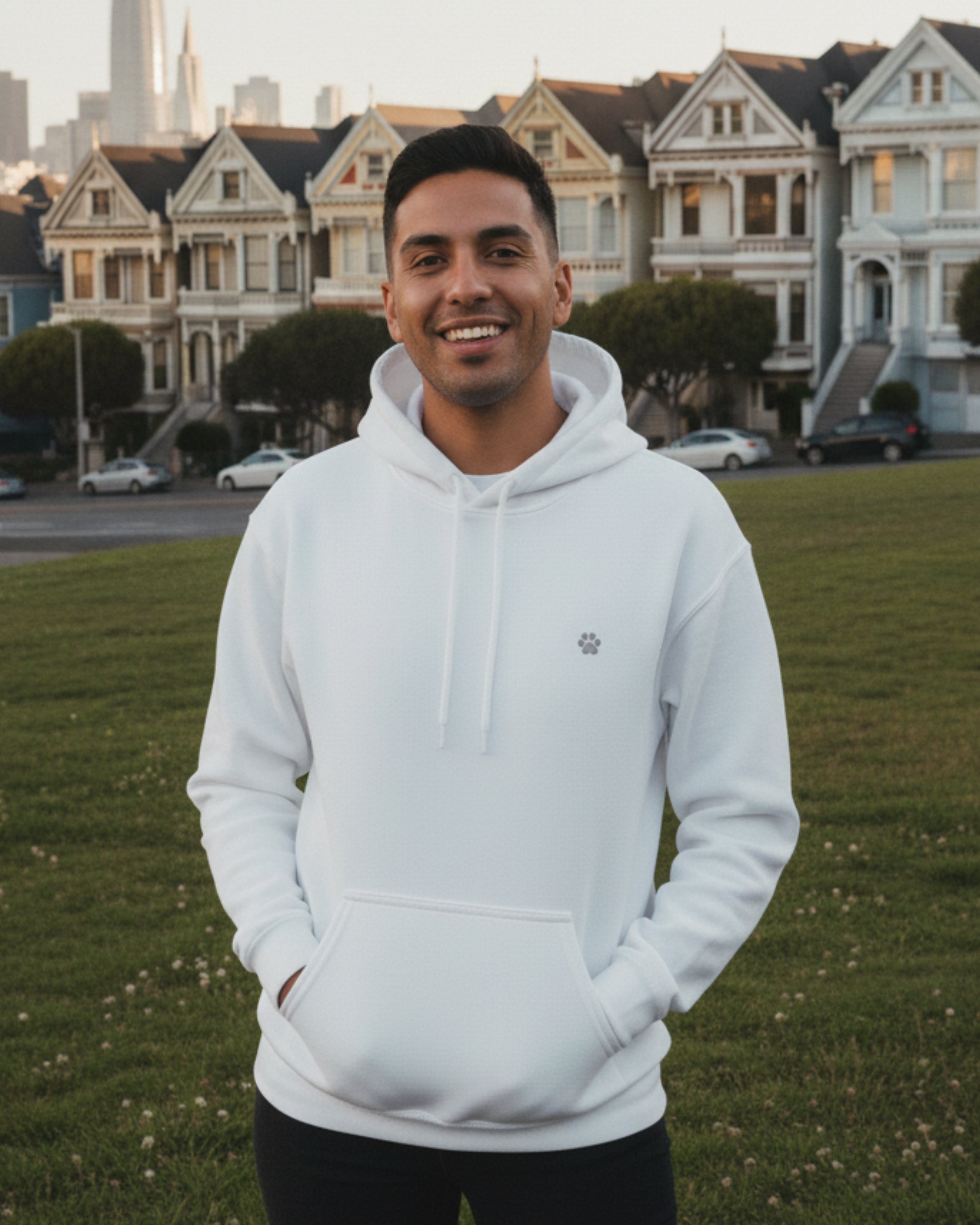 White PAW Hoodie, male model view